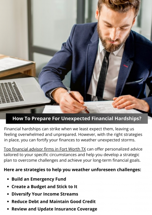 Preparing for unexpected financial hardships requires diligence, foresight, and a proactive mindset. By implementing essential steps – building an emergency fund, creating a budget, diversifying income streams, reviewing insurance coverage, reducing debt, investing in skills, and seeking professional advice – you'll be better equipped to navigate through turbulent times and secure your financial future. To know more visit here https://www.alignedwealthadv.com/financial-planning-fort-worth-tx