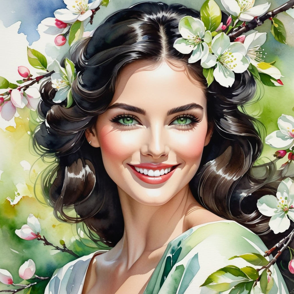 dark haired woman gray green eyes anatomically flawless facial structure smiling portrait in wil