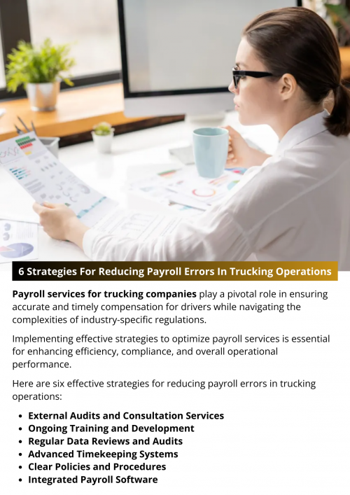 Payroll errors can have significant ramifications for trucking companies, leading to compliance issues, financial losses, and dissatisfaction among employees. In the highly regulated and complex environment of the trucking industry, minimizing payroll errors is paramount for ensuring accuracy, efficiency, and compliance. To know more visit here https://www.truckersprocpa.ca/trucking-payroll-services