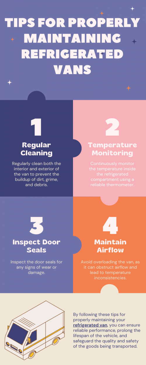 To maintain refrigerated vans effectively, regularly clean both interior and exterior, monitor temperature consistently, inspect door seals for damage, check refrigeration units for issues, ensure proper airflow, schedule routine servicing, maintain batteries, and be prepared for emergencies. Following these tips helps ensure reliable performance, prolongs vehicle lifespan, and safeguards transported goods' quality and safety. To know more visit here https://commercialvansolutions.com/refrigeration/