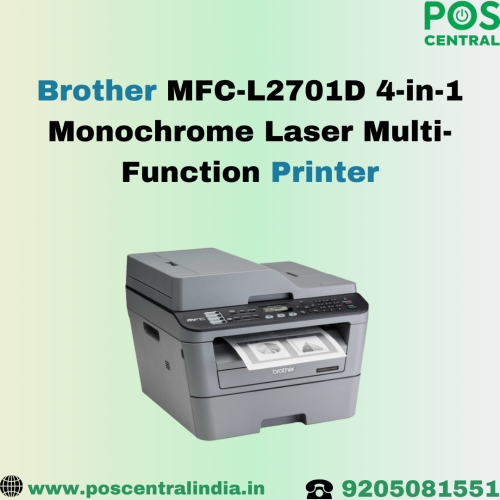 The Brother MFC-L2701D is a versatile 4-in-1 monochrome laser multi-function centre that simplifies your office tasks. It prints, copies, scans, and faxes, all in one compact device. With fast printing speeds and high-resolution output, it ensures efficiency and professional-quality results. Its automatic duplex printing feature saves paper and time, while the large paper capacity reduces the need for frequent refills. Bring convenience and productivity to your workplace with the Brother L2701D from POS Central India. Visit for more information https://www.poscentral.in/brother-mfc-l2701d-4-in-1-monochrome-laser-multi-function-centre.html