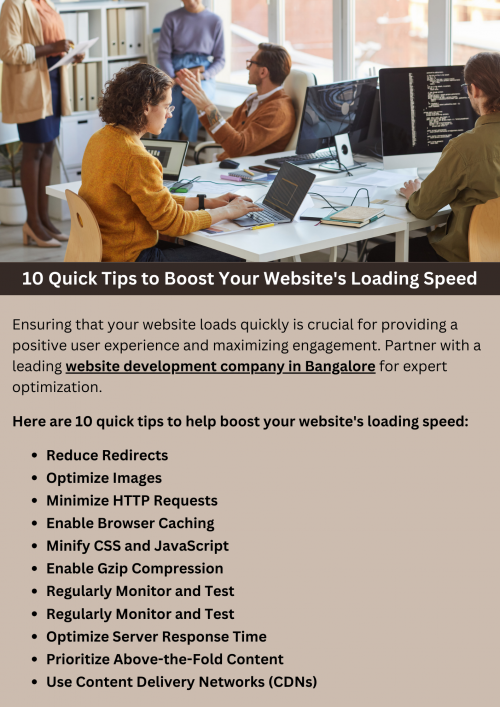 For faster website loading speed, optimize images, minify HTML, CSS, and JavaScript, and enable browser caching. Reduce server response time, utilize CDNs, and implement lazy loading. Enable compression, minimize HTTP requests, and prioritize above-the-fold content. Regularly audit and optimize performance to ensure swift user experiences and better SEO rankings. To know more visit here https://singhimarketingsolutions.com/website-development-services/bangalore/