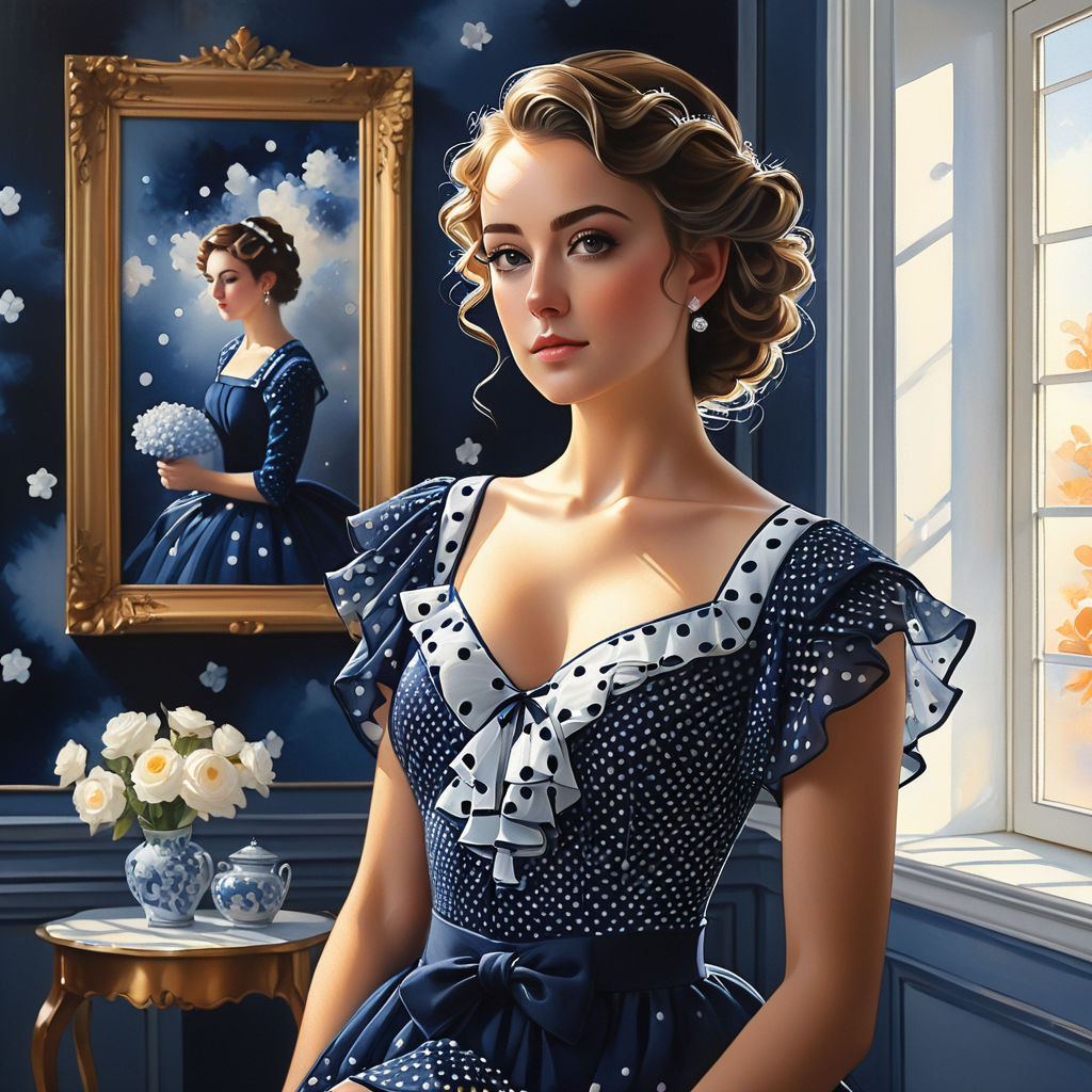a beautiful woman in a beautiful dark blue dress with white polka dots with small ruffles against t 