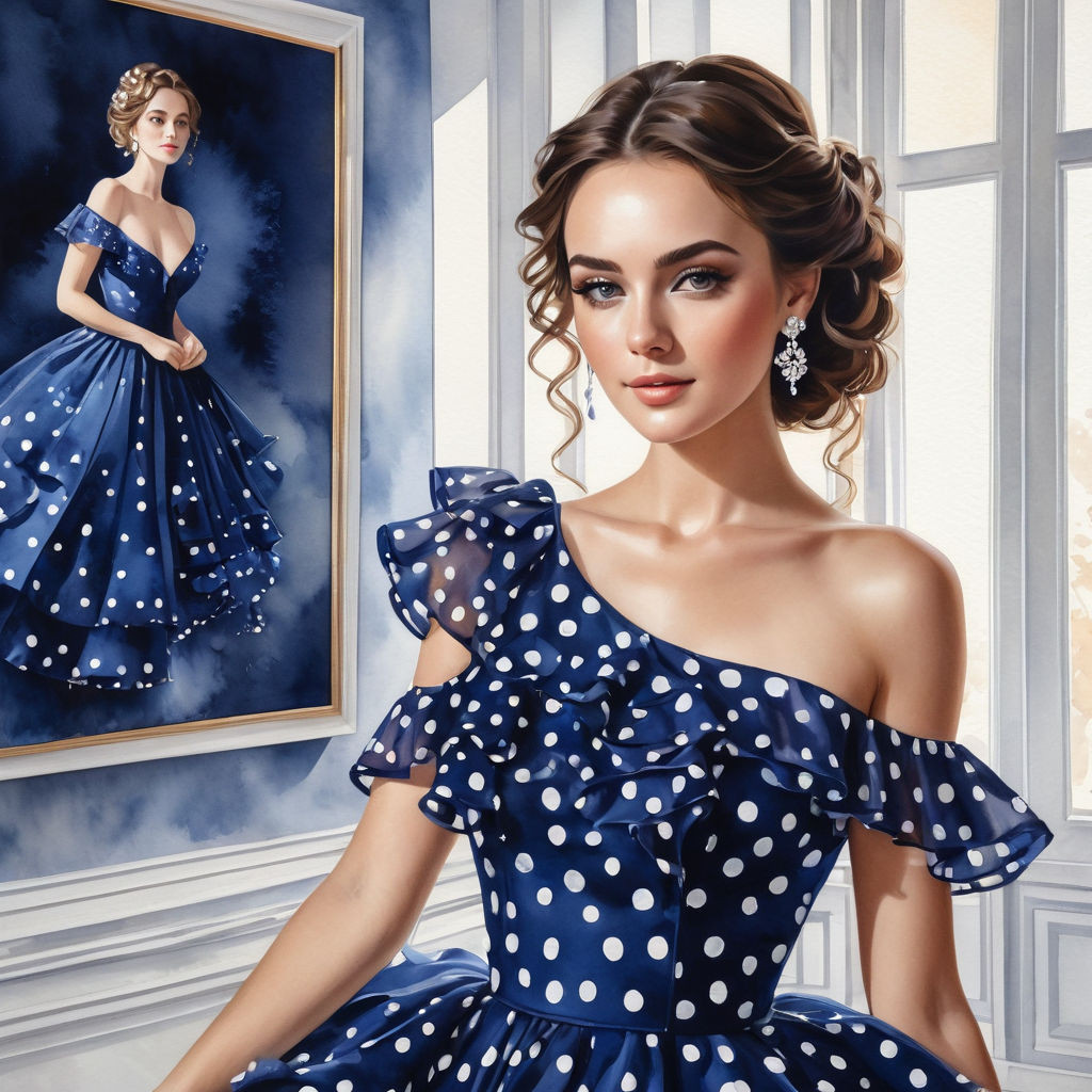 a beautiful woman in a beautiful dark blue dress with white polka dots with small ruffles against t 