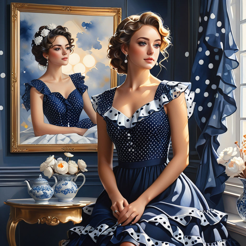 a beautiful woman in a beautiful dark blue dress with white polka dots with small ruffles against t 