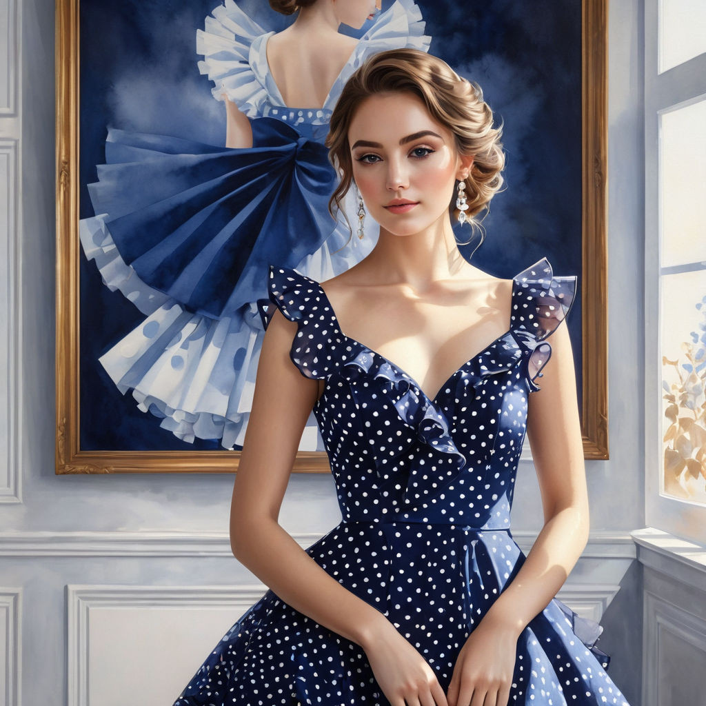 a beautiful woman in a beautiful dark blue dress with white polka dots with small ruffles against t 