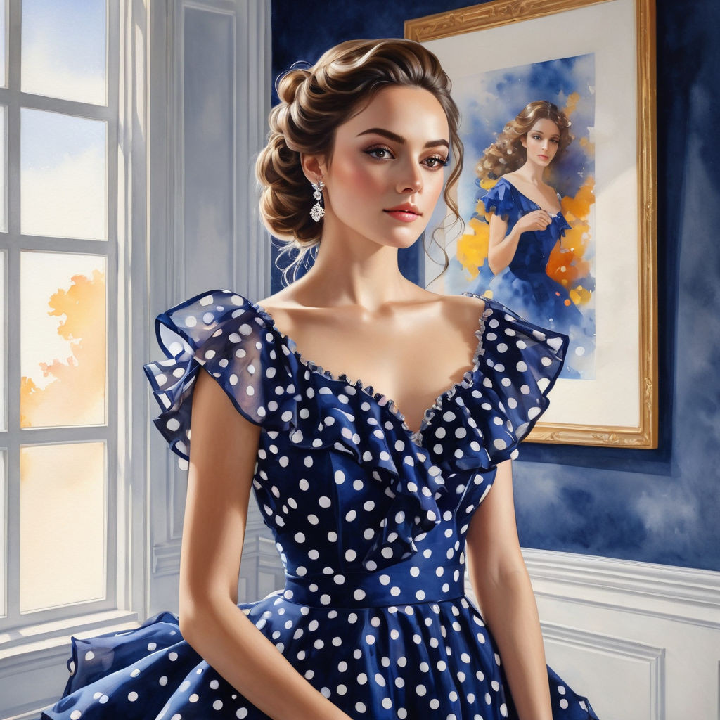 a beautiful woman in a beautiful dark blue dress with white polka dots with small ruffles against t 