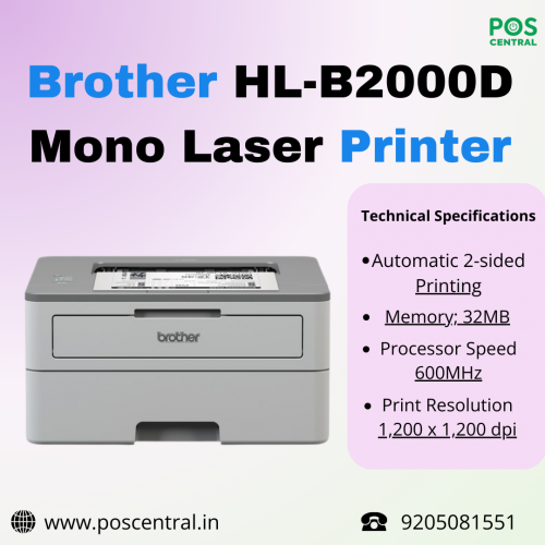 This Brother HL-B2000D is a speedy machine that can keep up with your printing needs. It cranks out pages fast, at up to 34 pages per minute, so you won't be waiting around for your prints. Plus, it automatically prints on both sides of the paper, which saves your paper and money. It can handle a variety of paper sizes, from standard A4 to envelopes, making it perfect for all your printing tasks. With a crisp 1200 x 1200 dpi resolution, your text and images will look sharp and professional. Get amazing deals on Brother HLB2000D, available at POS Central India. Visit for more information https://www.poscentral.in/brother-duplex-hl-b2000d-high-speed-printer.html