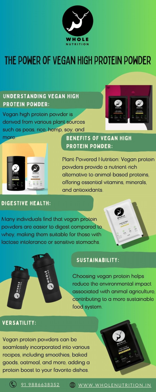 Experience the vitality of plant-based nutrition with Whole Nutrition's vegan high-protein powder. Our meticulously crafted formula harnesses the power of nature to provide you with a clean and sustainable protein source. Ideal for vegans and anyone seeking a healthier lifestyle, our protein powder fuels your body with essential nutrients for optimal performance. Elevate your wellness journey today by visiting our website and discovering the benefits of vegan high-protein powder. Our expert team is always here to assist you.

Our Website: https://www.wholenutrition.in/products/buy-vegan-protein-powder