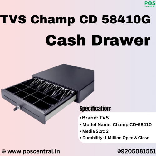 The TVS Champ CD 58410G Cash Drawer is a reliable choice for businesses. It's a standard cash drawer with two media slots, ideal for efficient cash management. Crafted from thick gauge electro-galvanized cold rolled coil steel, it ensures durability and security. Its strong build can handle daily use without getting damaged. Perfect for retail stores, restaurants, and more. Upgrade your POS setup with the CD-58140, available at POS Central India. Visit https://www.poscentral.in/tvs-champ-cd-58410g-cash-drawer.html