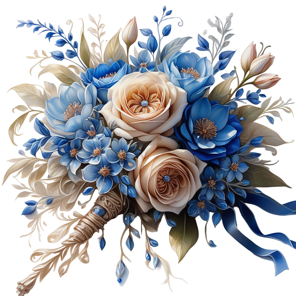 a beautiful little bouquet in beige and blue tones lying down on a white background hyperrealism (16
