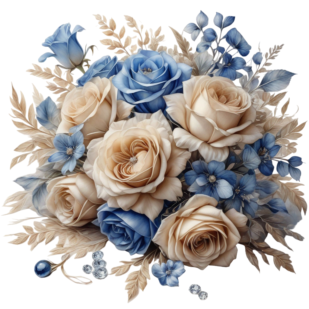 a beautiful little bouquet in beige and blue tones lying down on a white background hyperrealism (6)