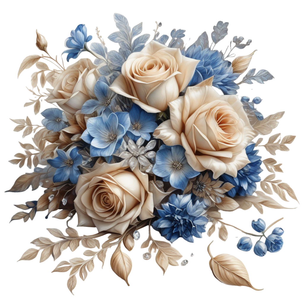 a beautiful little bouquet in beige and blue tones lying down on a white background hyperrealism (4)