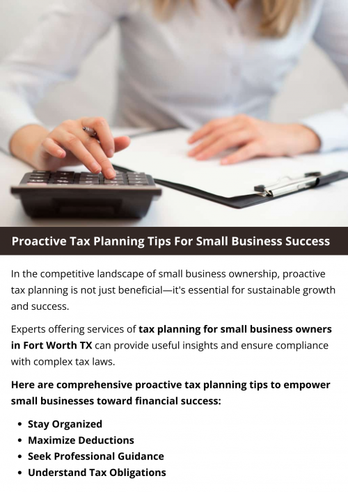For small business success, proactive tax planning is crucial. Stay organized, understand tax obligations, maximize deductions, invest in tax-advantaged accounts, seek professional guidance, monitor cash flow, plan for estimated taxes, consider entity structure, stay informed, and regularly review your tax strategy. To know more visit here https://www.alignedwealthadv.com/tax-planning-fort-worth-tx