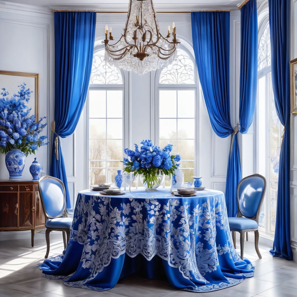 a beautiful interior in white and blue tones in a blue cagea round table with a beautiful tableclot 