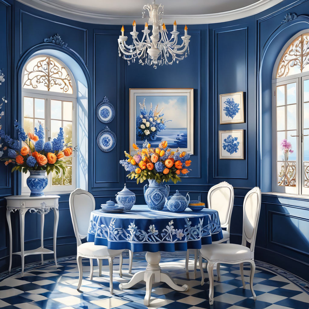a beautiful interior in white and blue tones in a blue cagea round table with a beautiful tableclot 