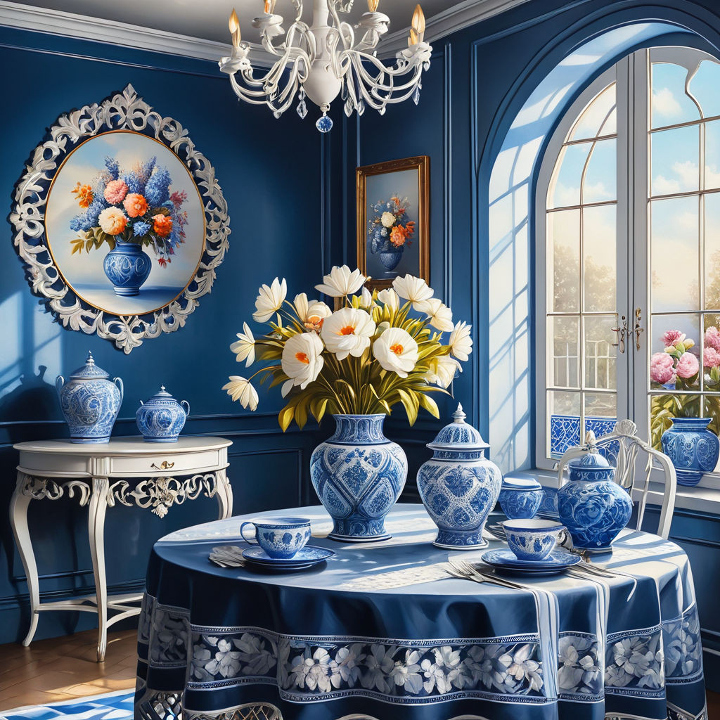 a beautiful interior in white and blue tones in a blue cagea round table with a beautiful tableclot 