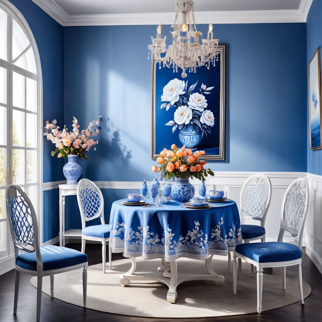 a beautiful interior in white and blue tones in a blue cagea round table with a beautiful tableclot 