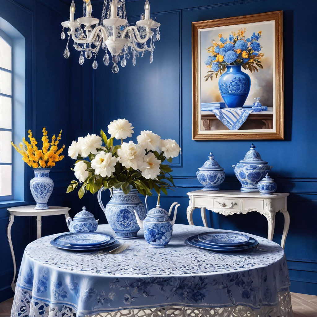 a beautiful interior in white and blue tones in a blue cagea round table with a beautiful tableclot 