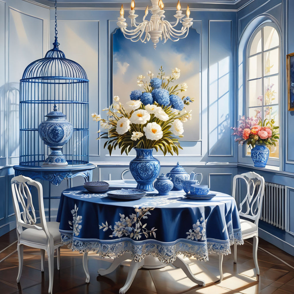 a beautiful interior in white and blue tones in a blue cagea round table with a beautiful tableclot 