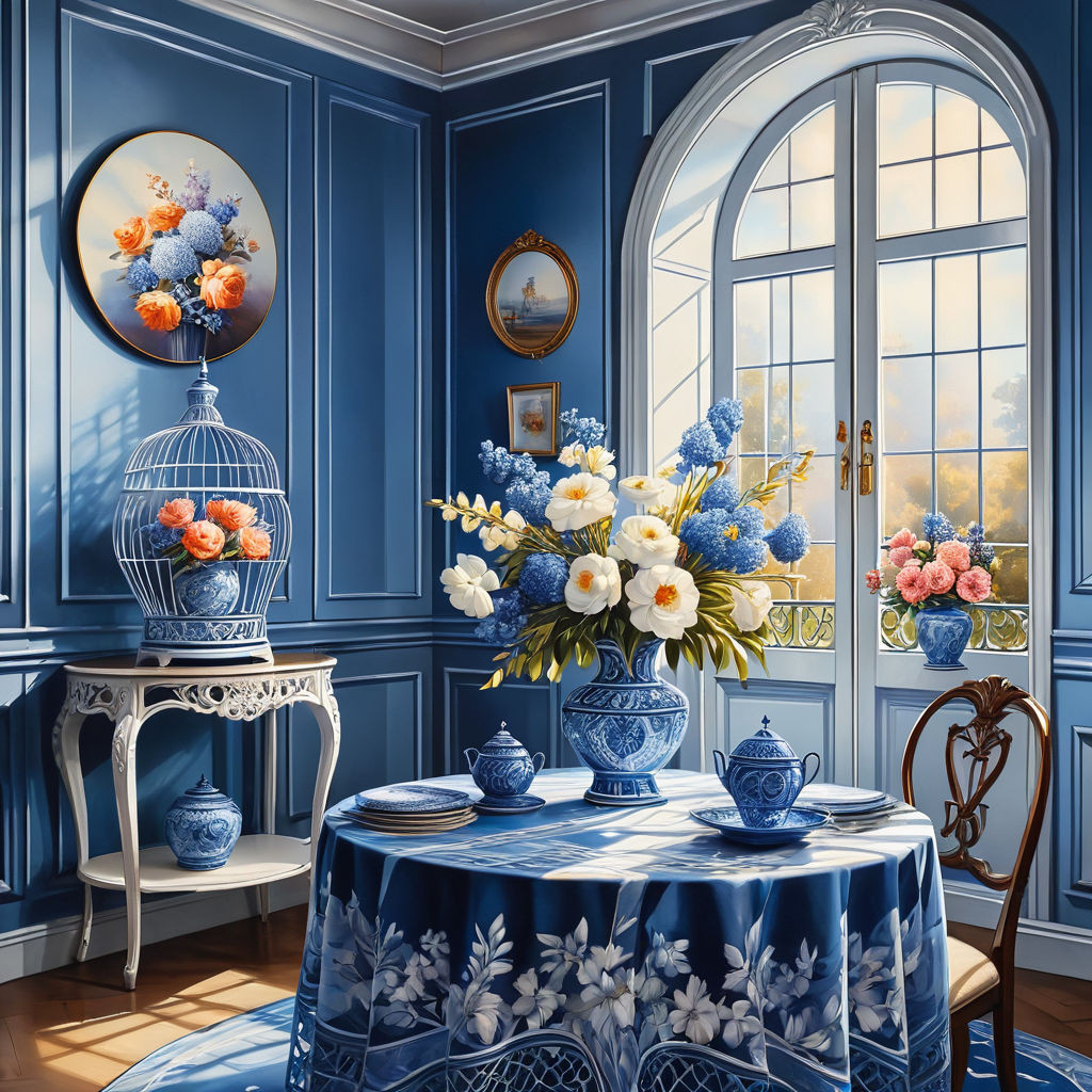 a beautiful interior in white and blue tones in a blue cagea round table with a beautiful tableclot 