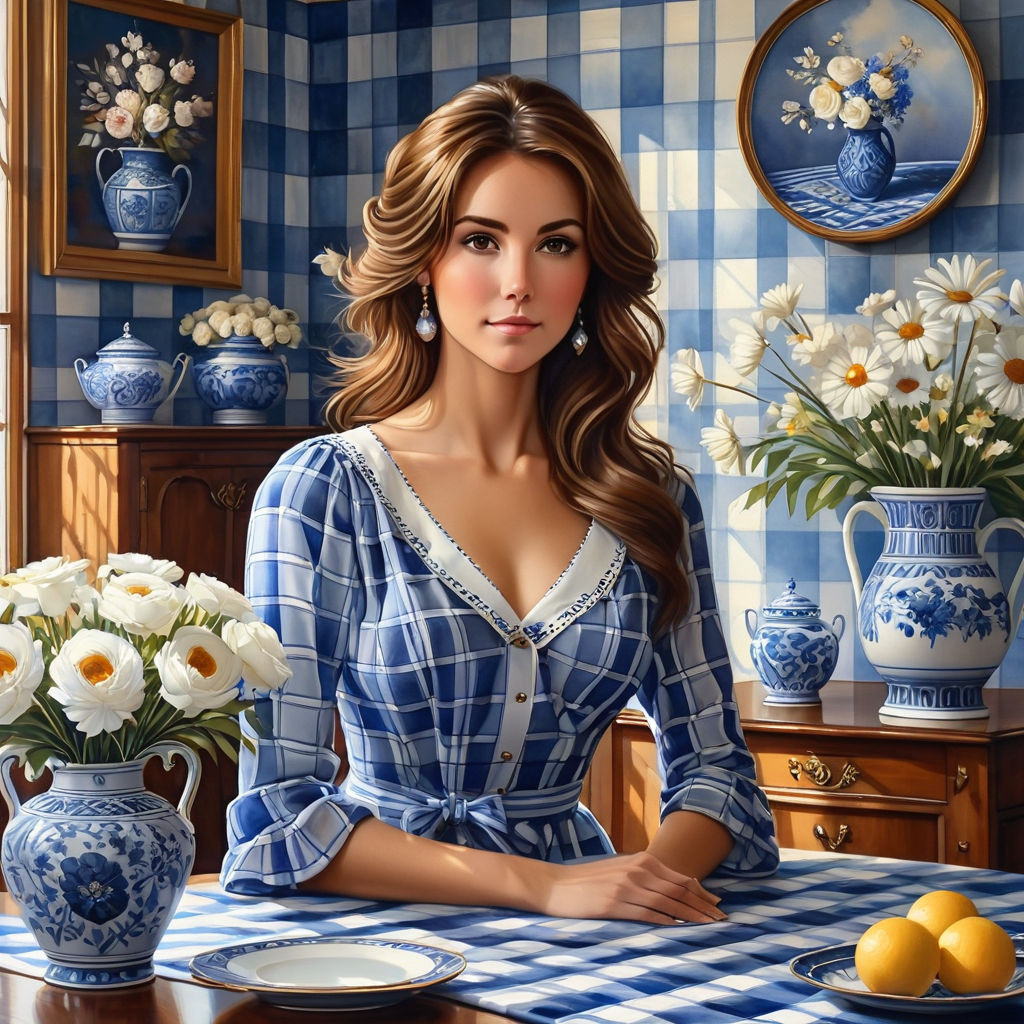 a beautiful woman in a blue and white plaid dress brown hair a beautiful interior in blue and whit (