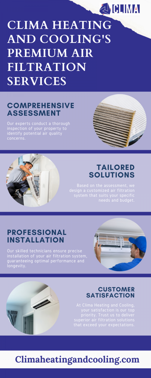 Elevate your indoor air quality with Clima Heating and Cooling's Premium Air Filtration Services. Our expert team delivers tailored solutions, utilizing advanced technology for cleaner, healthier air you can trust.