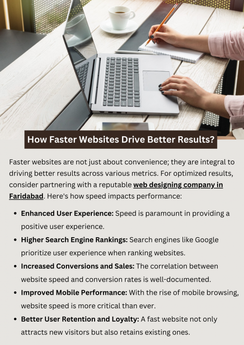 Faster websites drive better results by improving user experience, increasing engagement, and boosting conversion rates. With reduced load times, visitors are more likely to stay on the site, explore its content, and complete desired actions such as making purchases or submitting inquiries. Additionally, faster websites tend to rank higher in search engine results, leading to increased visibility and organic traffic. To know more visit here https://singhimarketingsolutions.com/web-designing-services/faridabad/