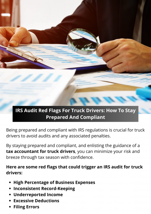 Staying compliant and prepared is key to avoiding IRS audits and maintaining your financial health as a truck driver. By keeping accurate records, being cautious with deductions, reporting income accurately, and avoiding filing errors, you can sail through tax season with confidence. To know more visit here https://www.truckersprocpa.ca/trucking-accounting-services