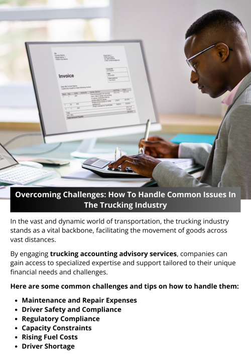In the vast and dynamic world of transportation, the trucking industry stands as a vital backbone, facilitating the movement of goods across vast distances. However, navigating this sector comes with its fair share of hurdles. From regulatory constraints to logistical complexities, trucking companies face a multitude of challenges daily. To know more visit here https://www.truckersprocpa.ca/trucking-business-advisory-services