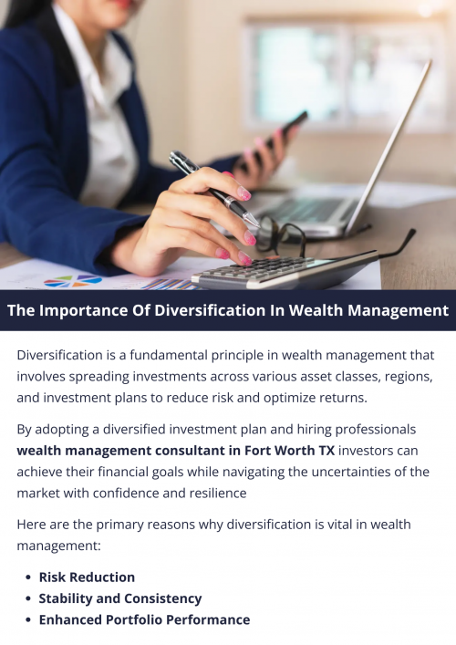 Diversification in wealth management is vital for reducing risk by spreading investments across various asset classes, industries, and regions. It promotes stability, enhances portfolio performance, preserves capital, captures opportunities, and ensures long-term wealth preservation. By maintaining a diversified portfolio, investors can achieve their financial goals while minimizing exposure to market fluctuations and unforeseen events. To know more visit here https://www.alignedwealthadv.com/
