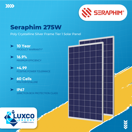 Seraphim 275w poly crystalline silver frame tier 1 solar panel

1. 10 Year Product Warranty
2. 16.9% Maximum efficiency
3. +4.99 Positive Power Tolerance
4. 60 Cells Polycrystalline
5. IP67 Junction Box Protection class 

https://www.luxcoenergy.com.au/wholesale-solar-panels/seraphim/