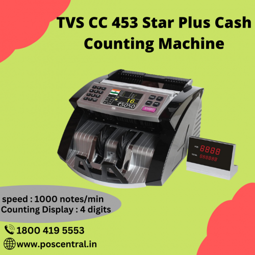 TVS CC 453 Star is likely a cash-counting machine used to count and sort banknotes, coins, and other monetary items. These machines are commonly used in banks, retail stores, and other financial institutions to increase accuracy and efficiency in handling large volumes of cash. TVS CC 453 Star Cash Counting Machine detects the half-note, chain-note, and double-note and has an automatic start, stop, and clear feature. Its counting speed is 1000 notes/min, and its hopper capacity is 300 new notes. So, don't wait and get this cash counting machine at a great price with free home delivery from the POS Central India website. Visit https://www.poscentral.in/tvs-cc-453-star-plus-cash-counting-machine.html