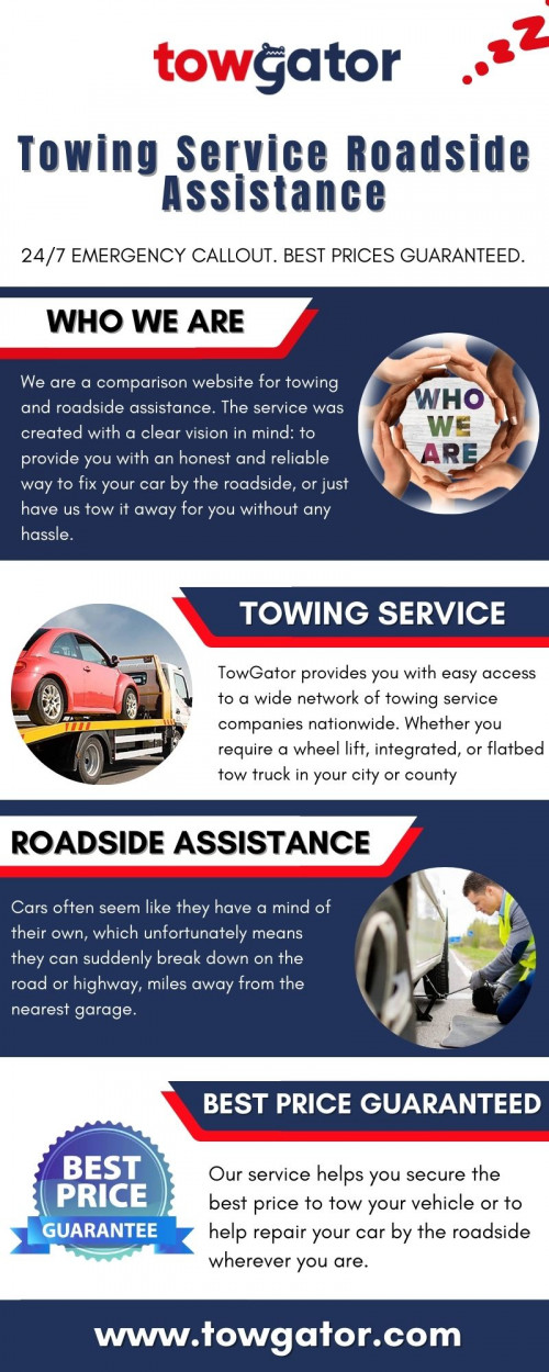 Towing and roadside assistance across the US. TowGator at https://www.towgator.com is your one-stop platform for finding a professional towing company near you. Get a quote online today.