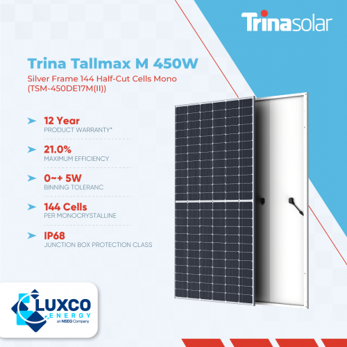 Trina Tallmax M 450W Silver Frame 144 Half-cut Cells Mono (TSM-450DE17M)

1. 12 Year Product Warranty
2. 21.0% Maximum Efficiency
3. 0~+5W Binning Tolerance
4. 144 Cells Per Monocrystalline
5. IP68 Junction Box Protection Class

Visit our site: https://www.luxcoenergy.com.au/wholesale-solar-panels/trina/