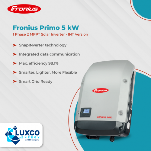 Fronius Primo 5kW
1 Phase 2 MPPT Solar Inverter - INT Version

1.SnapINverter technology
2. Integrated data communication
3.Max.efficiency 98.1%
4. Smarter, Lighter, More flexible
5. Smart Grid Ready

Visit here:https://www.luxcoenergy.com.au/wholesale-solar-inverters/fronius/