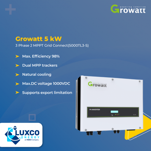 Growatt 5kW 3 phase 2 MPPT Grid connect(5000L3-s)

1. Max. Efficiency 98%
2. Dual MPP trackers
3. Natural cooling
4. Max.DC voltage 1000VDC
5. Supports export limitation

Visit our site: https://www.luxcoenergy.com.au/wholesale-solar-inverters/growatt/
