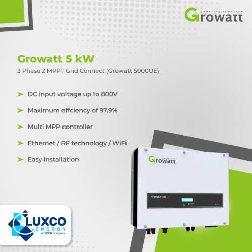 Wholesale solar Growatt 5kw solar inverter :-
Growatt 5kW
3Phase 2MPPT Grid Connect(Growatt 500UE)
-DC input voltage up to 800V
-Maximum efficiency of 97.9%
-Multi MPP controller
-Ethernet / RF technology / WiFi
-Easy Installation

Our website :- https://www.luxcoenergy.com.au/wholesale-solar-inverters/growatt/
