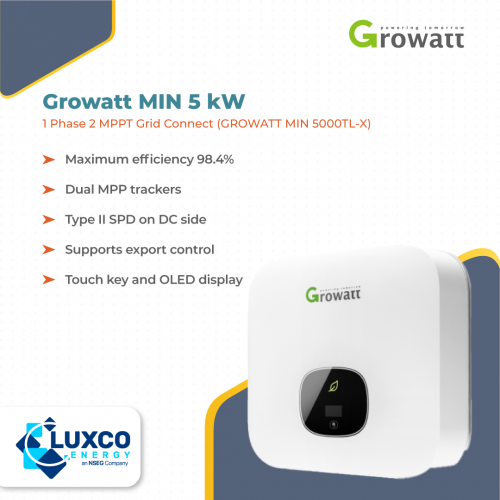 Growatt Min 5kW
1 Phase 2 MPPT Grid Connect(GROWATT MIN 5000TL-X)

1. Maximum Efficiency 98.4%
2. Dual MPP trackers
3.Type || SPD on DC side
4. Supports export control
5. Touch key and OLED display

Visit our site: https://www.luxcoenergy.com.au/wholesale-solar-inverters/growatt/