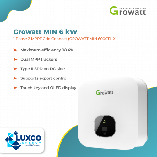 Growatt MIN 6kW 1Phase 2MPPT Grid Connect(GROWATT MIN 6000TL-X)

1. Maximum efficiency 98.4%
2. Dual MPP trackers
3. Type SPD on DC side
4. Support export control
5. Touch key and OLED display


Visit Our site: https://www.luxcoenergy.com.au/wholesale-solar-inverters/growatt/