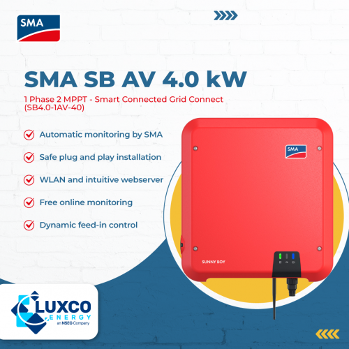 SMA SB AV 4.0kW Solar inverter :-
1Phase 2MPPT – smart connected grid connect(SB4.0-1AV-40)
-Automatic monitoring by SMA
-Safe plug and play installation
-WLAN and intuitive webserver
-Free online monitoring
-Dynamic feed in control

Our website : https://www.luxcoenergy.com.au/wholesale-solar-inverters/sma/