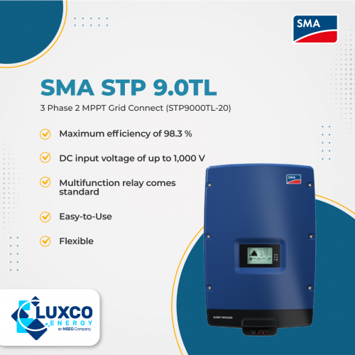 SMA STP 9.0TL
3Phase 2MPPT Grid connect(STP9000TL-20)
-Maximum efficiency of 98.3%
-DC input voltage of up to 1000V
-Multifunction relay comes standard
-Easy-to-use
- Flexible

Our website : https://www.luxcoenergy.com.au/wholesale-solar-inverters/sma/