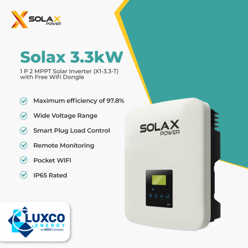Solax 3.3kW
1 p 2 MPPT solar inverter(x1-3.3-T) With Free Wifi dongle
-Maximum efficiency of 97.8%
-Wide voltage Range
-Smart Plug Load Control
-Remote Monitoring
-Pocket wifi
-IP65 Rated

Our website: https://www.luxcoenergy.com.au/wholesale-solar-inverters/solax/