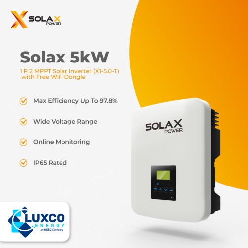 Wholesale solar Solax 5kw solar inverter :

1 P 2 MPPT Solar inverter(x1-5.0-T)
with free wifi dongle

-Max Efficiency up to 97.8%
-Wide Voltage Range
-Online Monitoring
-IP65 Rated

Our site : https://www.luxcoenergy.com.au/wholesale-solar-inverters/solax/