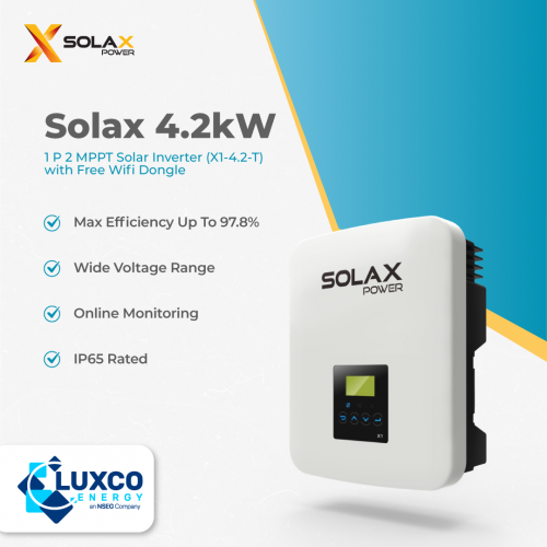 Wholesale solar Solax 4.2kW Solar inverter
1 P 2 MPPT Solar inverter(x1-4.2-T) with free wifi dongle

1. Max Efficiency Up to 97.8%
2. Wide voltage Range
3. Online Monitoring
4. IP65 Rated

Our site : https://www.luxcoenergy.com.au/wholesale-solar-inverters/solax/