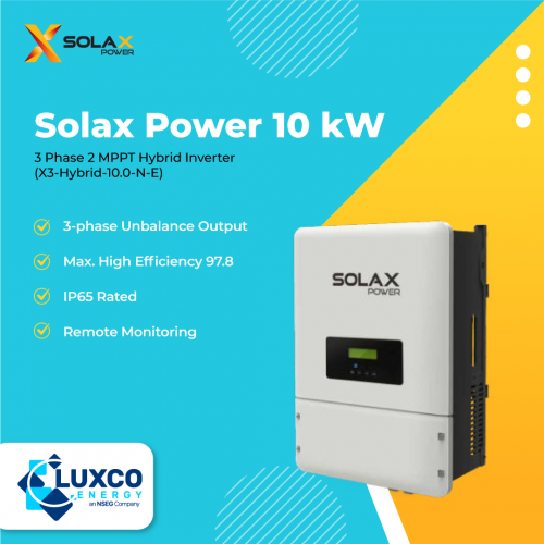 Solax Power 10kW
3Phase 2MPPT Hybrid inverter(x3-Hybrid-10.0-N-E)

1. 3-Phase Unbalance Output
2. Max. High Efficiency 97.8
3. IP65 Rated
4. Remote Monitoring

Visit our site: https://www.luxcoenergy.com.au/wholesale-solar-inverters/solax/