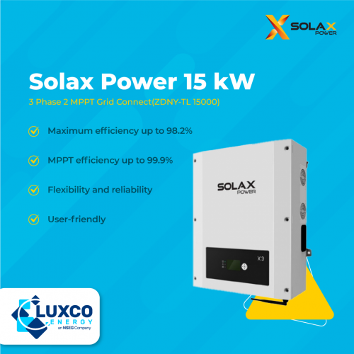 Solax Power 15kW
3Phase 2Mppt Grid connect(ZDNY-TL 15000)

1. Maximum efficiency up to 98.2%
2. MPPT efficiency up to 99.9%
3. Flexibility and reliability
4. User friendly

Visit our site: https://www.luxcoenergy.com.au/wholesale-solar-inverters/solax/