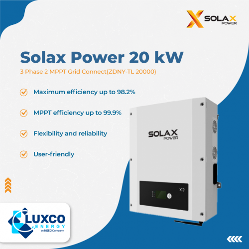 Solax Power 20kW
3Phase 2MPPT Grid connect(ZDNY-TL-20000)

1. Maximum efficiency up to 98.2%
2. MPPT efficiency up to 99.9%
3. Flexibility and reliability
4. User-friendly

Visit our site: https://www.luxcoenergy.com.au/wholesale-solar-inverters/solax/