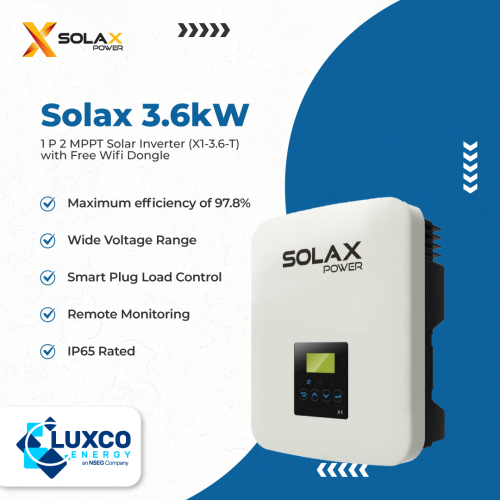 Wholesale solar Solax 3.6kW inverter :
1P2 MPPT Solar inverter(x1-3.6-T) with free wifi dongle

Maximum efficiency of 97.8%
Wide voltage range
Smart plug Load control
Remote Monitoring
IP65 Rated

Visit our site :https://www.luxcoenergy.com.au/wholesale-solar-inverters/solax/