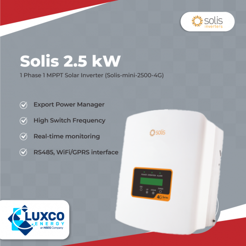Solis 2.5kW
1phase 1MPPT solar inverter(solis-mini-2500-4G)

1. Export power Manager
2. High switch frequency
3. Real-time monitoring
4. RS485, WiFi/GPRS interface

Visit our site: https://www.luxcoenergy.com.au/wholesale-solar-inverters/solis/